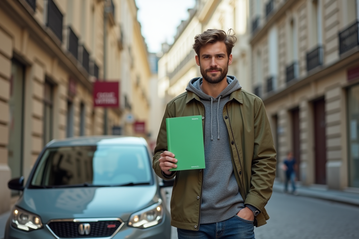 Jeune homme français tenant un certificat d