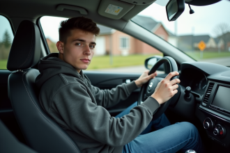 Jeune homme au volant d'une voiture compacte en banlieue