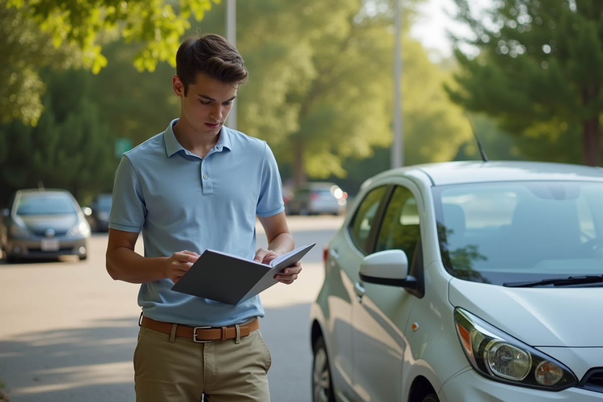Jeune homme attendant devant une voiture dans un parking