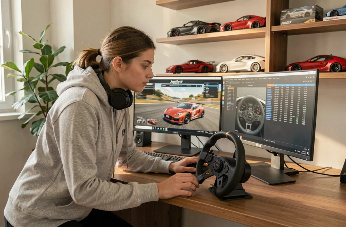 Joueuse de simulation automobile réglant les paramètres FFB de son volant sur Assetto Corsa depuis son bureau à domicile