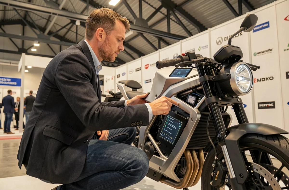Journaliste automobile inspectant une moto électrique innovante lors du salon EICMA Milan 2026