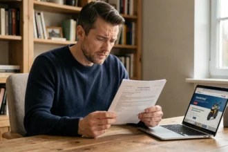 Homme lisant son relevé d'information d'assurance moto à son bureau à domicile