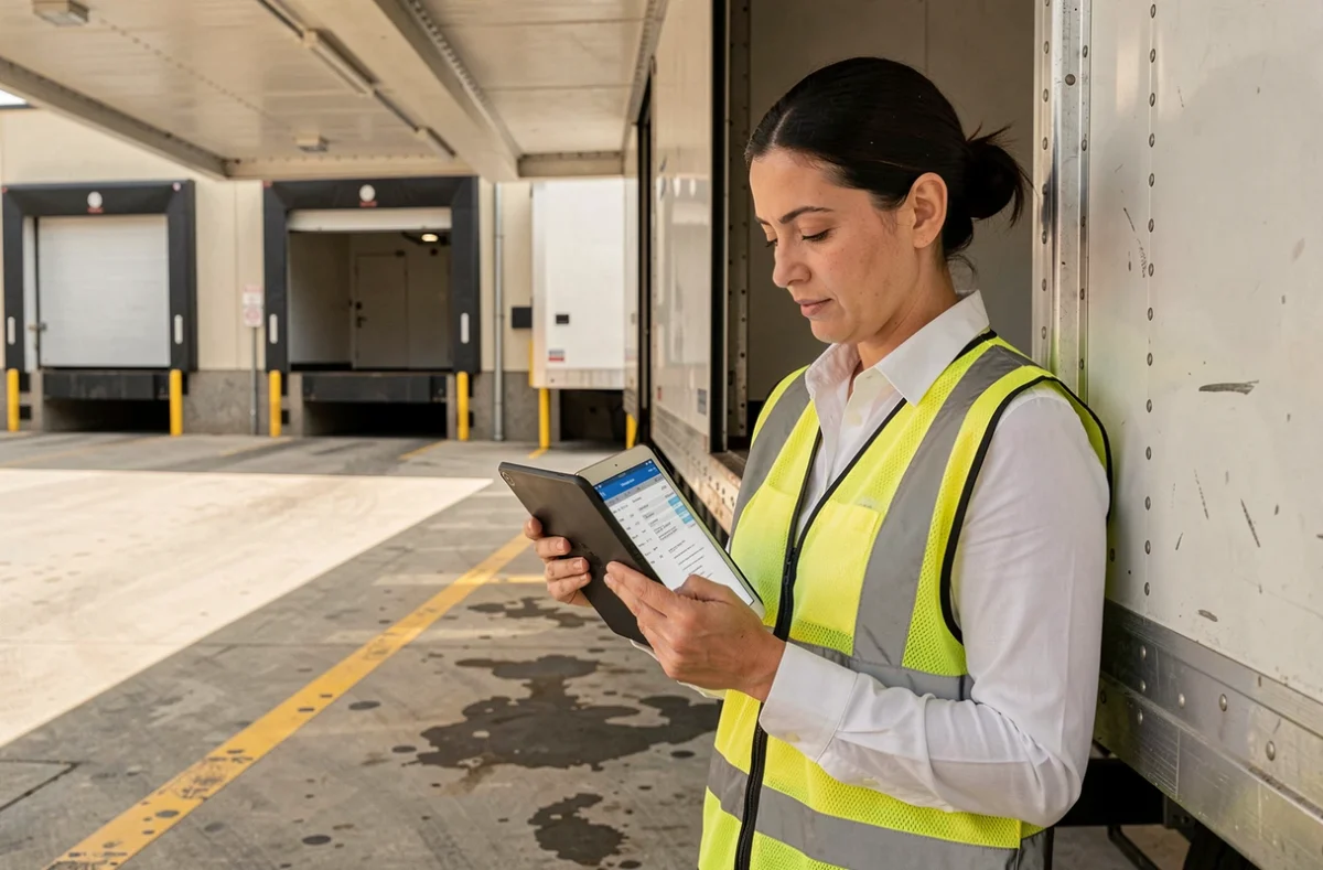 Responsable logistique consultant un contrat de location de remorque frigorifique sur une tablette au quai de chargement