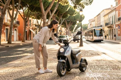 Jeune femme inspectant une voiture sans permis électrique dans une rue ensoleillée de Montpellier
