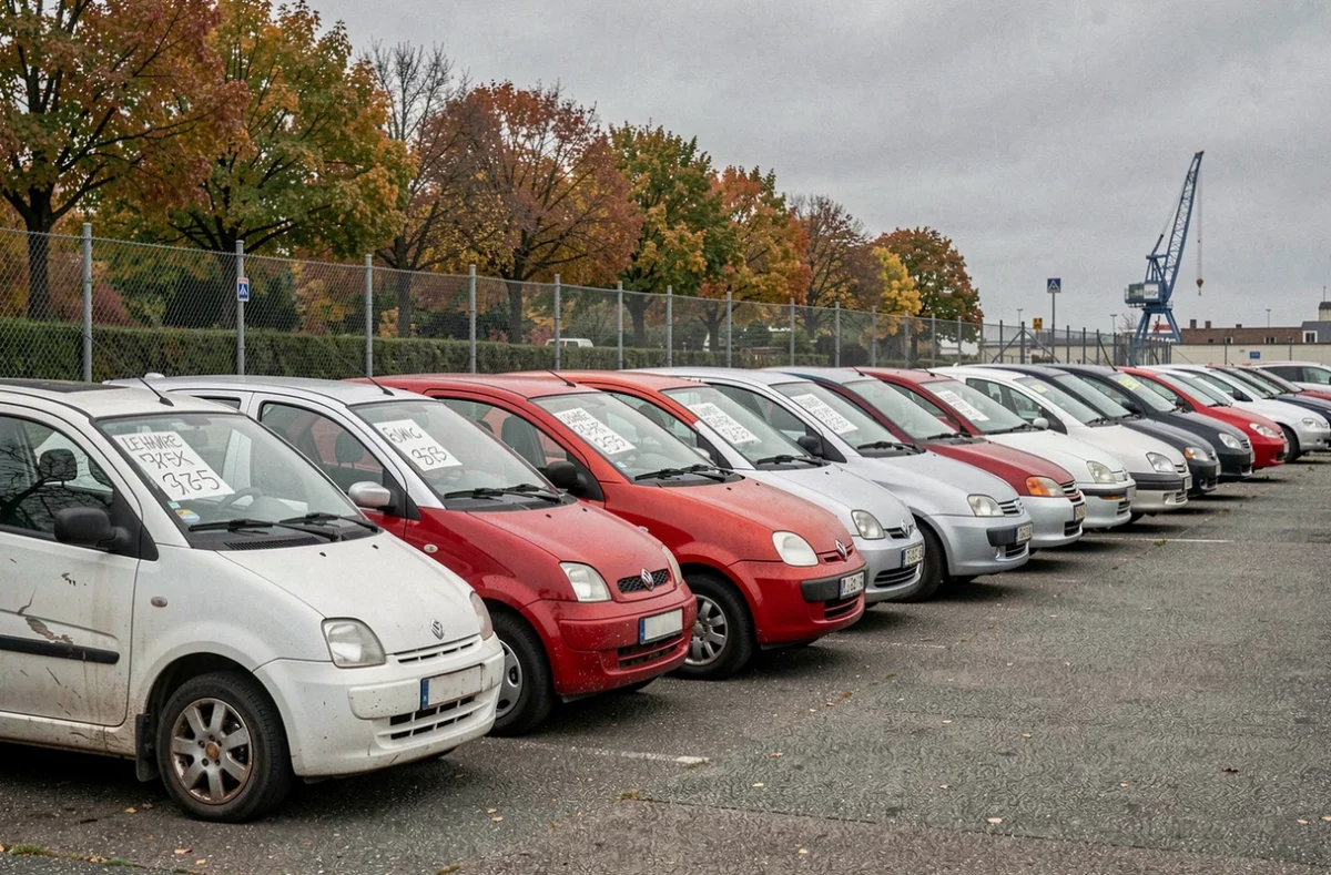 Rangée de voitures sans permis d'occasion exposées dans un lot de vente au Havre