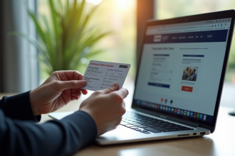 Main tenant une carte grise française sur un ordinateur
