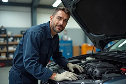 Mécanicien homme inspectant le moteur d'un SUV en garage