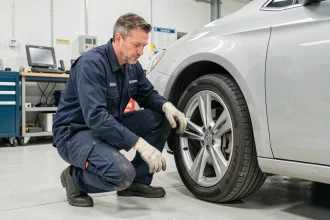 Mécanicien DEKRA en uniforme bleu effectuant un contrôle technique sur une voiture dans un garage professionnel