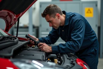 Mécanicien inspectant le système d'injection d'une Renault Clio 5 dans un garage professionnel avec un scanner OBD