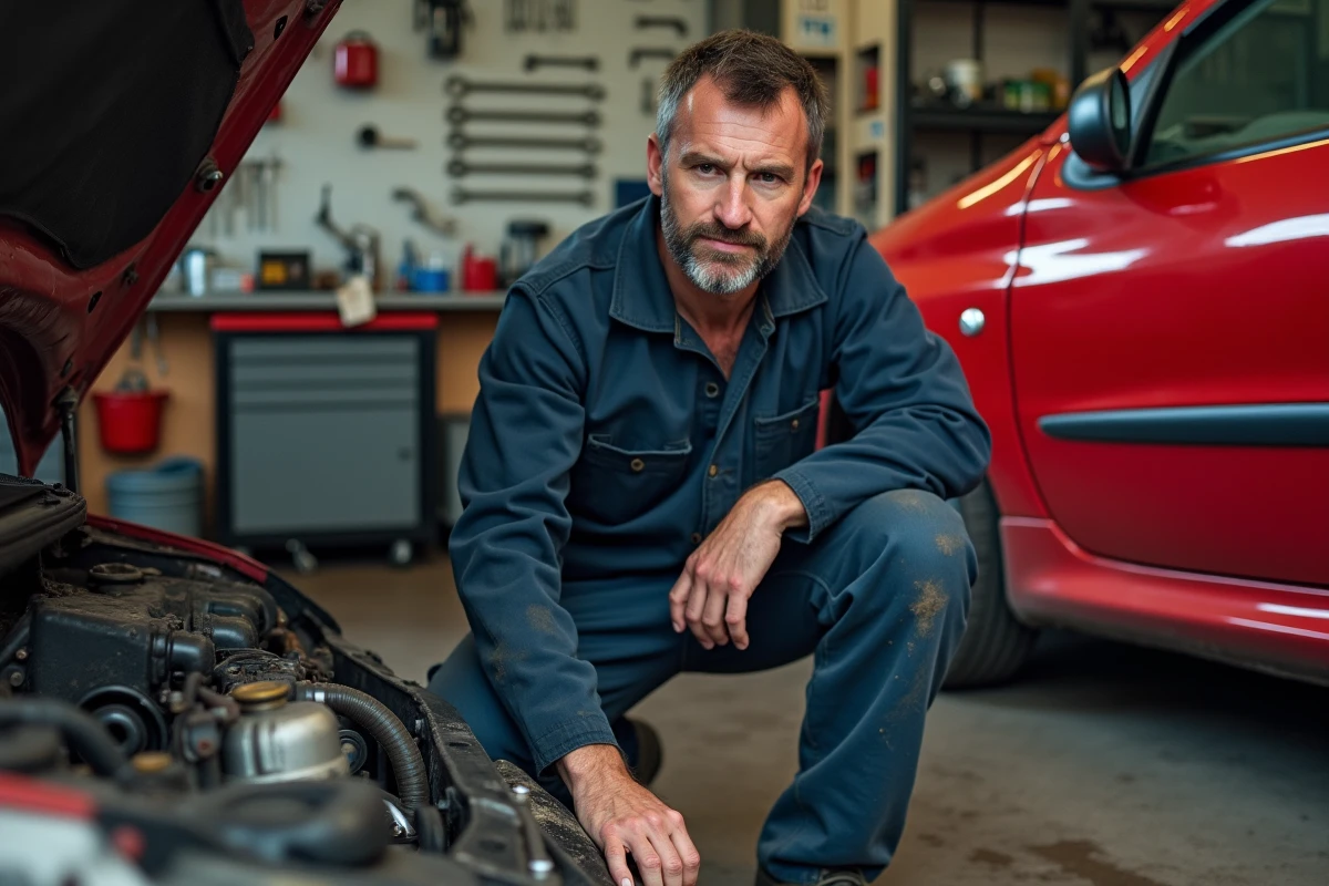 Mécanicien inspectant le moteur d'une Peugeot 206 rouge dans un garage indépendant