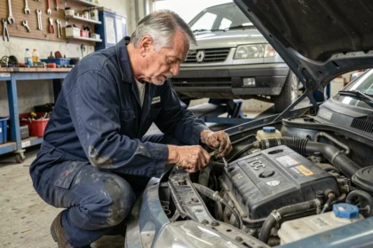 Mécanicien inspectant un moteur TCe dans un garage indépendant avec des outils professionnels
