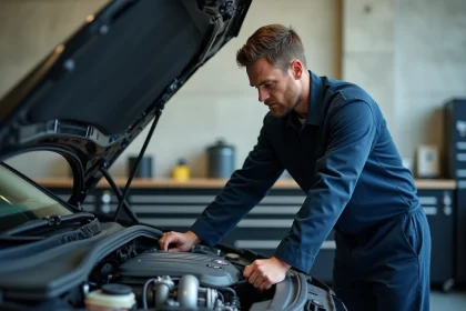 Mécanicien inspectant un moteur TSI turbocompressé dans un atelier automobile moderne
