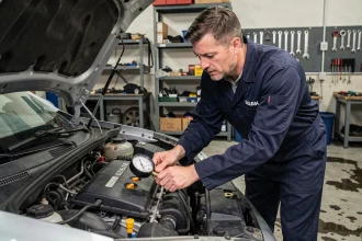 Mécanicien mesurant la pression du carburant sur un moteur Peugeot pour diagnostiquer un code P0087