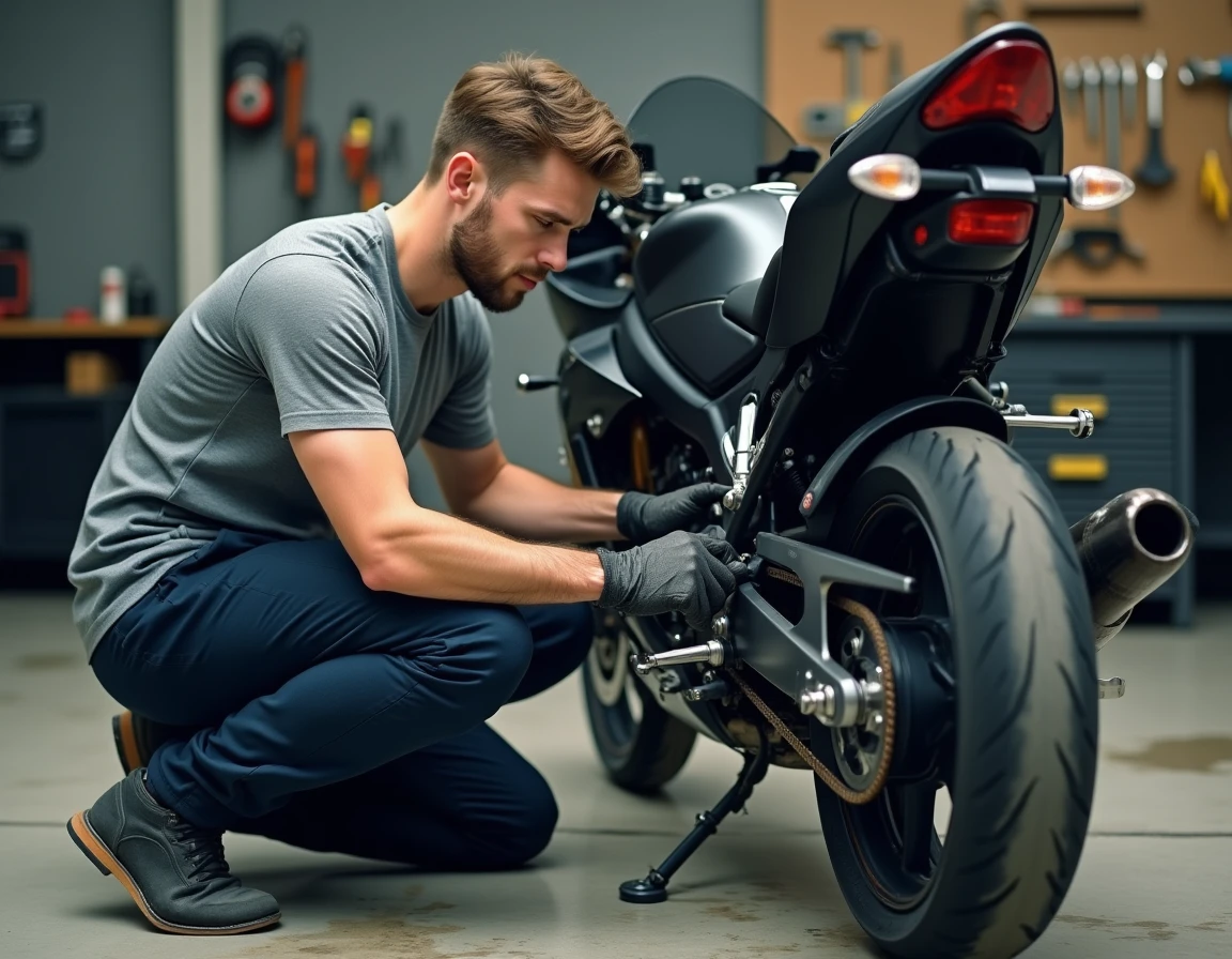 Mécanicien ajustant la suspension arrière d'une Suzuki GSX-S 125 dans un atelier garage urbain, réglage technique pour optimiser les performances