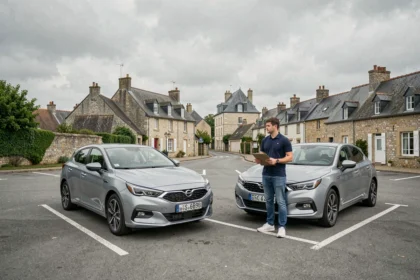 Vue d'ensemble d'une auto-école en Normandie avec des voitures à double commande garées devant un paysage urbain normand typique