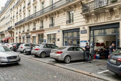 Vue d'ensemble d'un atelier de carrosserie automobile en Île-de-France avec plusieurs véhicules en réparation