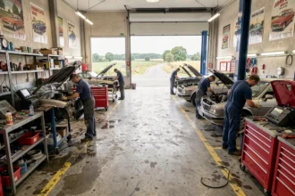 Vue d'ensemble d'un atelier mécanique automobile dans la Loire avec plusieurs mécaniciens au travail