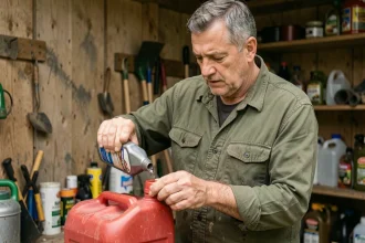 Mécanicien versant de l'huile deux temps dans un jerrican d'essence rouge dans un atelier de jardin