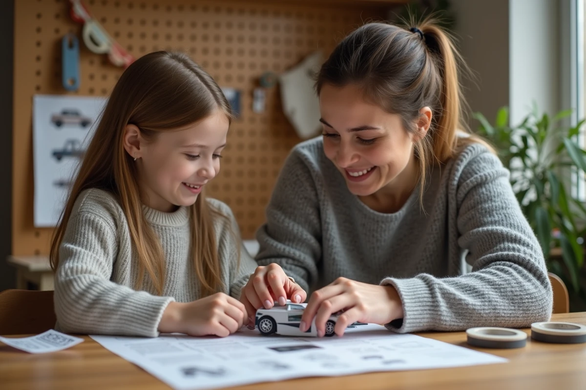Mère et enfant assemblant ensemble une voiture en papier découpée et pliée, activité manuelle familiale à la maison