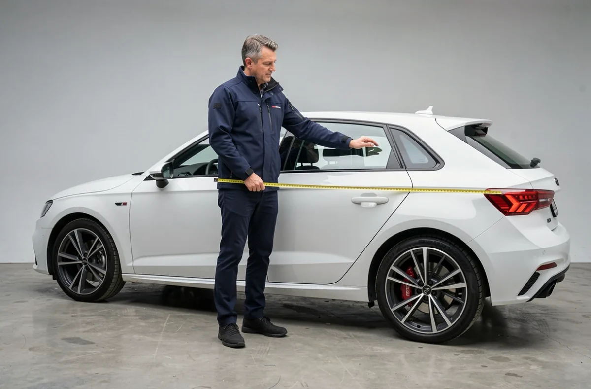 Journaliste automobile mesurant les dimensions extérieures d'une Audi A3 Sportback dans un studio, longueur et largeur du véhicule