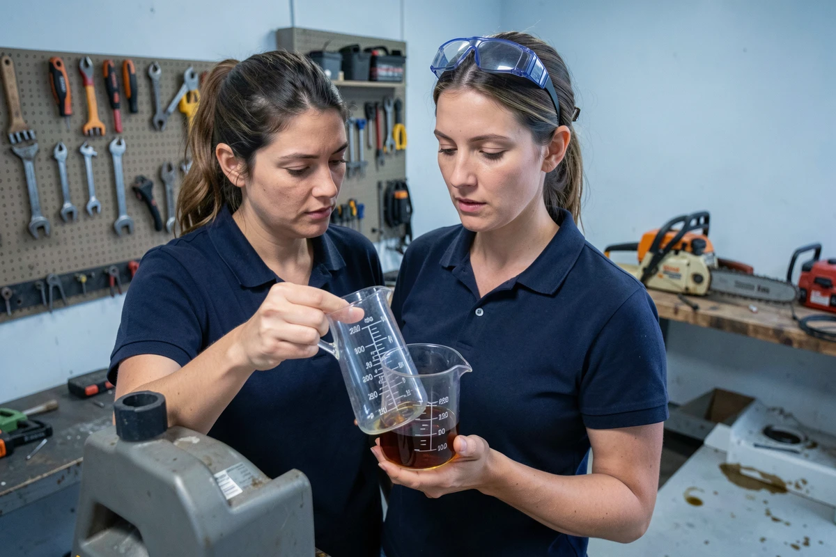 Femme mesurant avec précision de l'huile moteur dans un verre doseur pour préparer un mélange essence