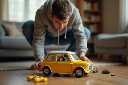 Mini voiture radiocommandée Mister Bean jaune sur plancher en bois avec homme adulte tenant la télécommande