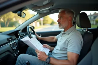 Moniteur d'auto-école en voiture à double commande consultant un document sur les tarifs de conduite