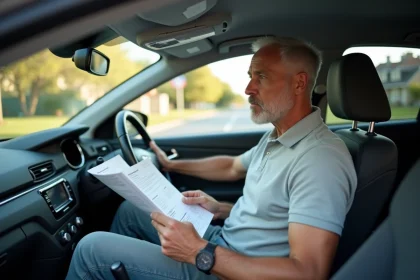 Moniteur d'auto-école en voiture à double commande consultant un document sur les tarifs de conduite
