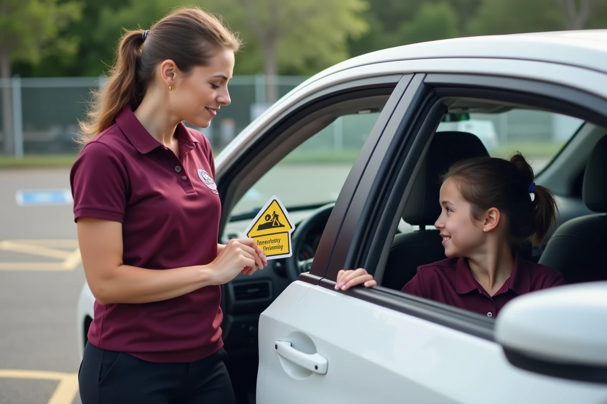 Monitrice d'auto-école expliquant la signalisation de route prioritaire à une élève conductrice