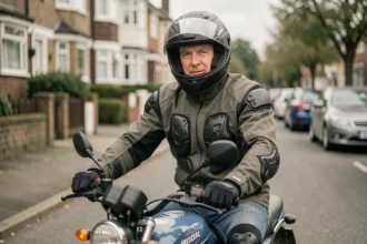 Motard adulte équipé d'un casque intégral et d'une veste de moto sur une 125cc garée en ville, illustrant la conduite d'une moto 125 avec le permis B