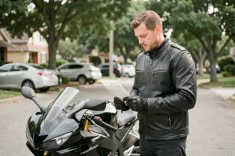 Motard tenant des documents d'assurance à côté d'une moto 1000cc noire garée en rue résidentielle