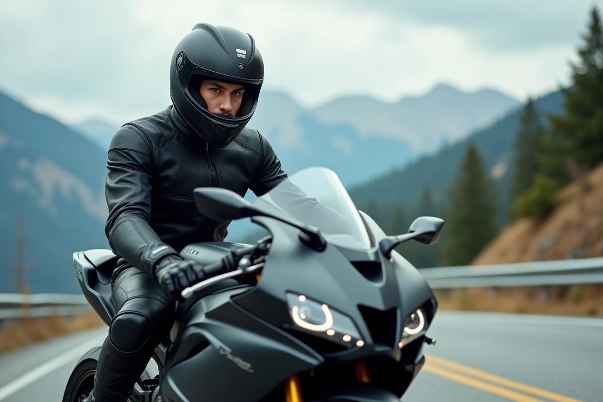 Motard jeune homme sur superbike en montagne