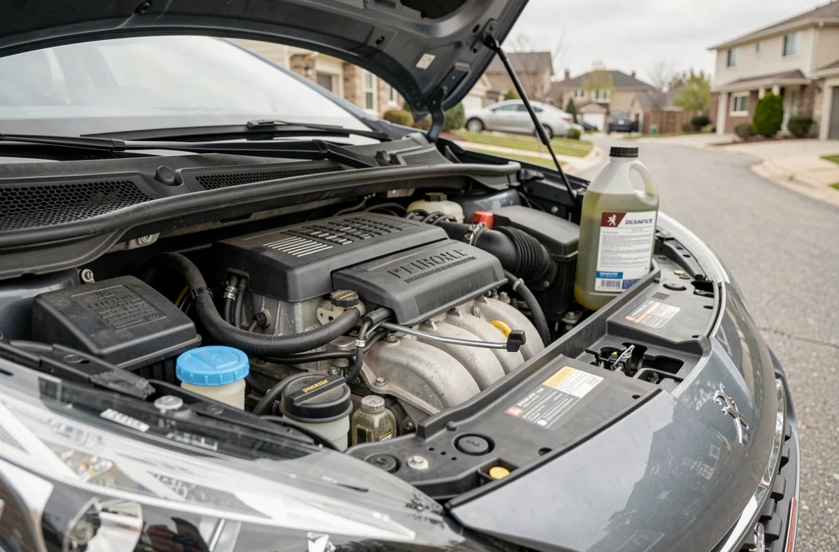 Compartiment moteur ouvert d'une Peugeot 208 essence avec bouchon d'huile et jauge visibles