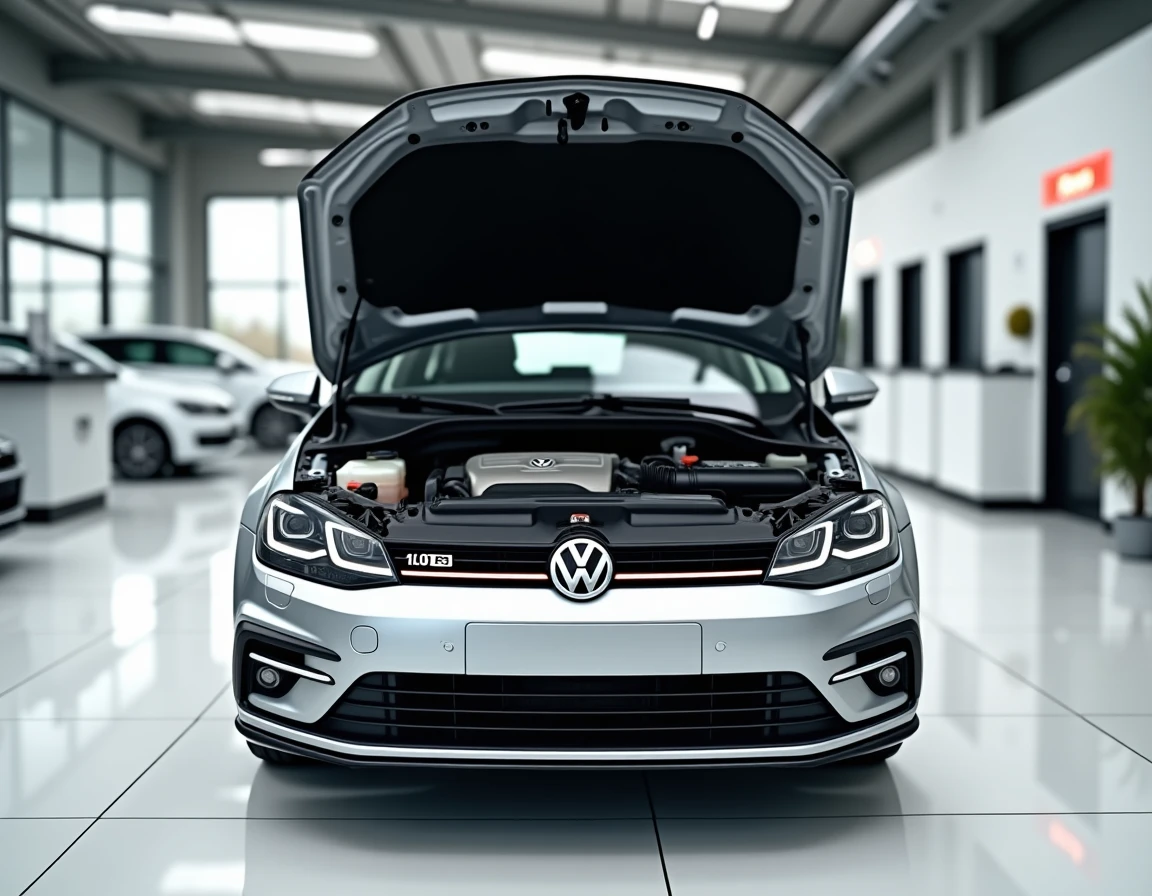 Moteur TSI d'une Volkswagen Golf visible dans le compartiment moteur ouvert chez un concessionnaire