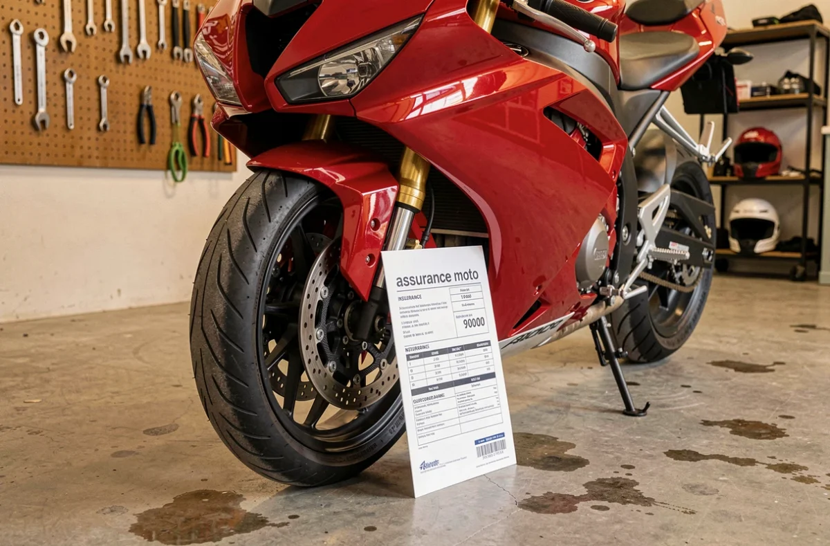 Moto sportive 1000cc rouge dans un garage avec un document d'assurance posé contre la roue avant