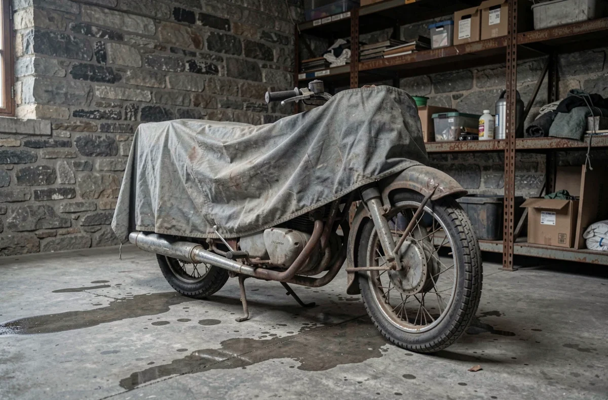 Moto immobilisée recouverte d'une bâche dans un garage, symbolisant un véhicule hors usage à désassurer