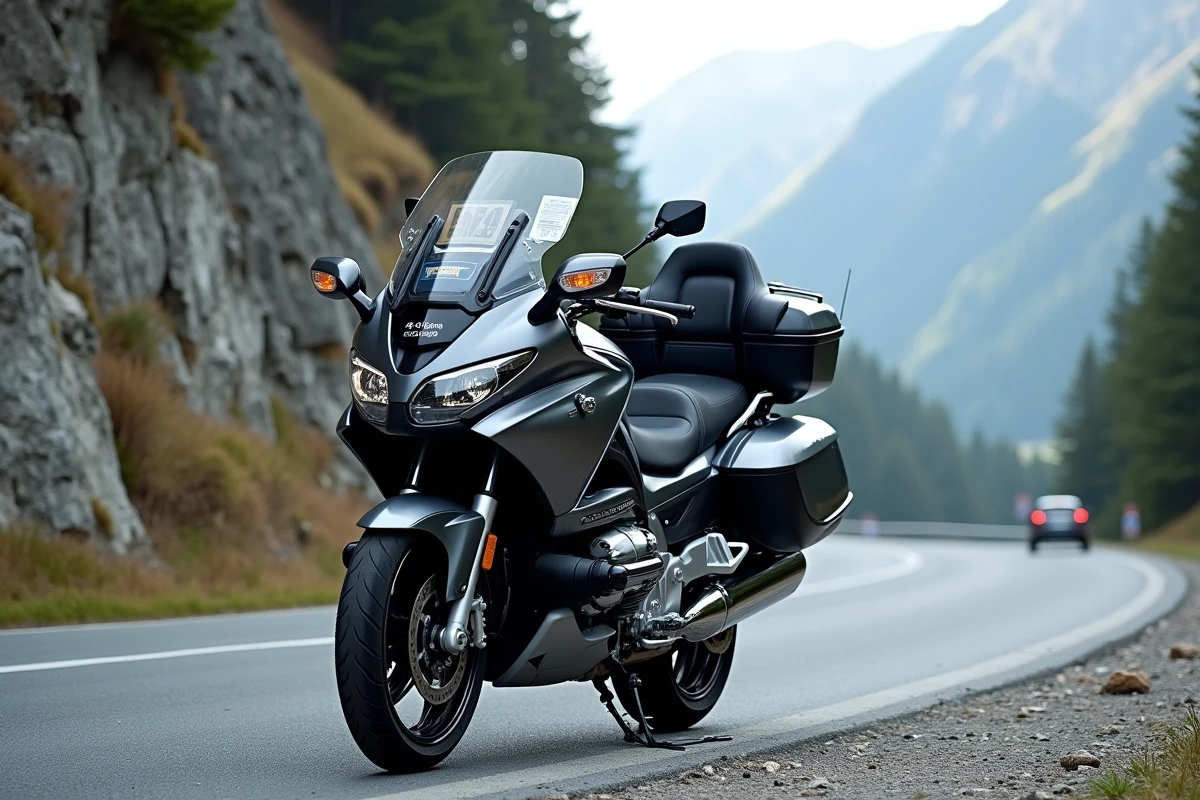 Moto touring grande cylindrée garée en montagne alpine sur une route sinueuse européenne, vue grand angle paysage