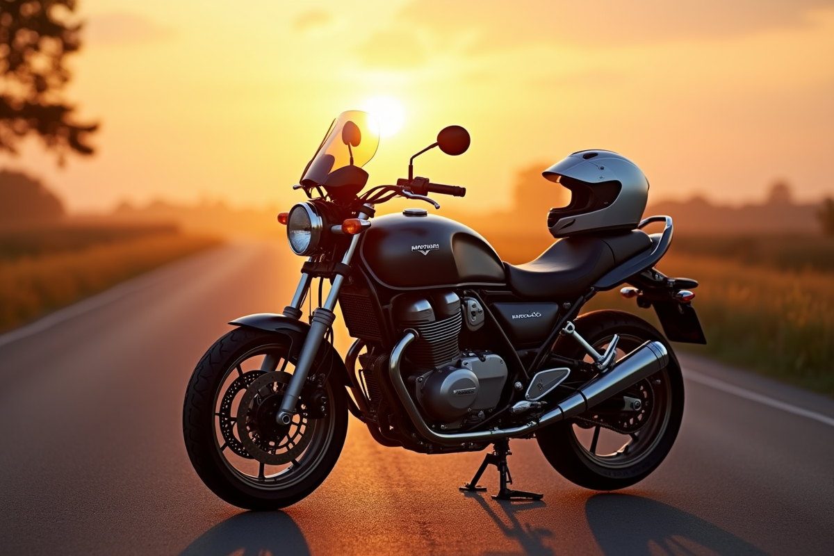 Moto de tourisme avec casque sur la selle au lever du soleil