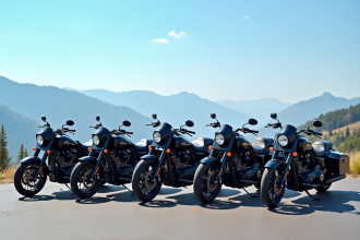 Groupe de motos célèbres sur un plateau avec montagnes en arrière-plan