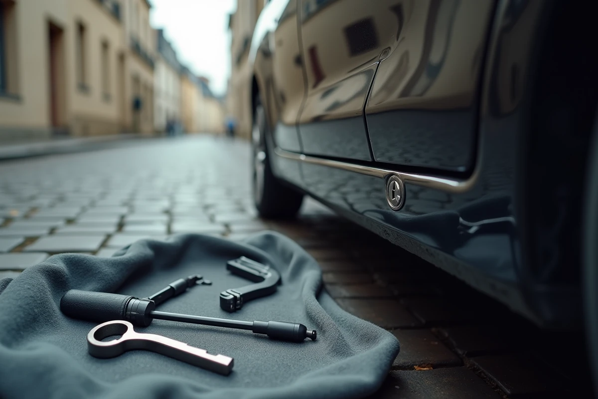 Gros plan sur les outils de serrurier auto utilisés pour ouvrir une portière de voiture centralisée