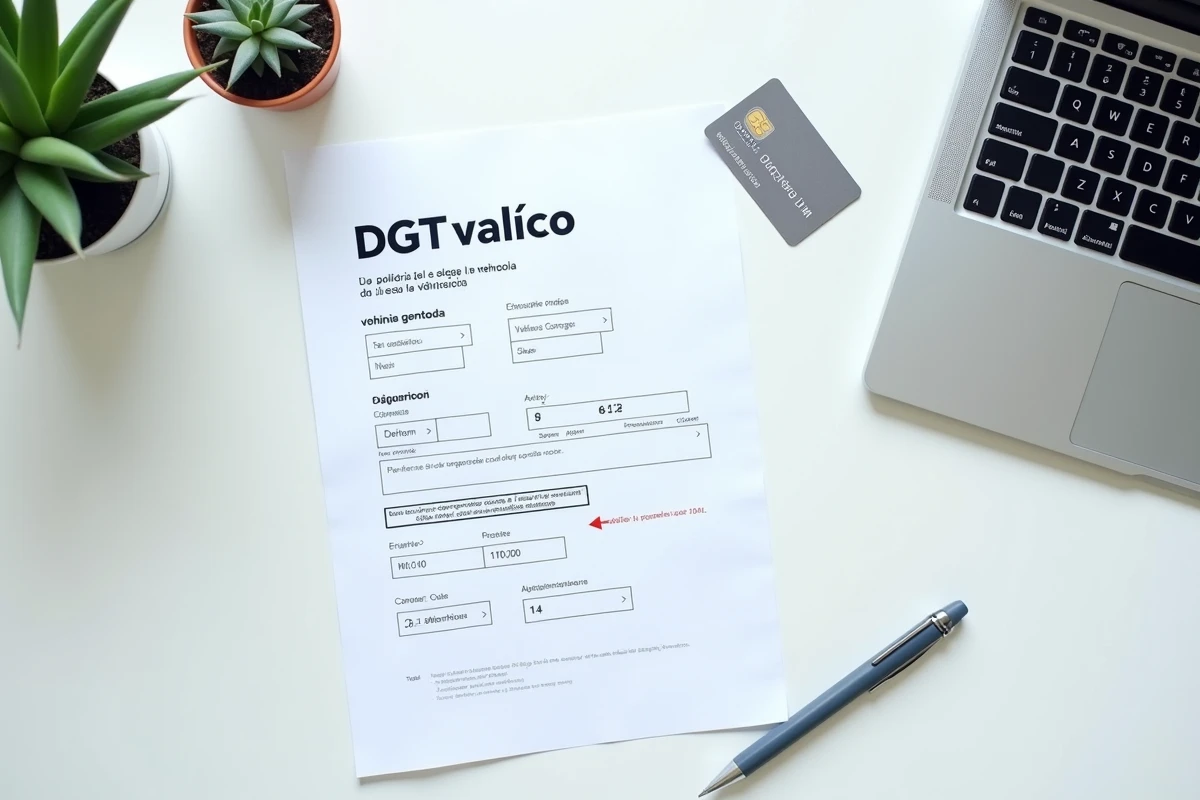 Vue du dessus d'une amende DGT espagnole avec carte bancaire et ordinateur pour le paiement en ligne