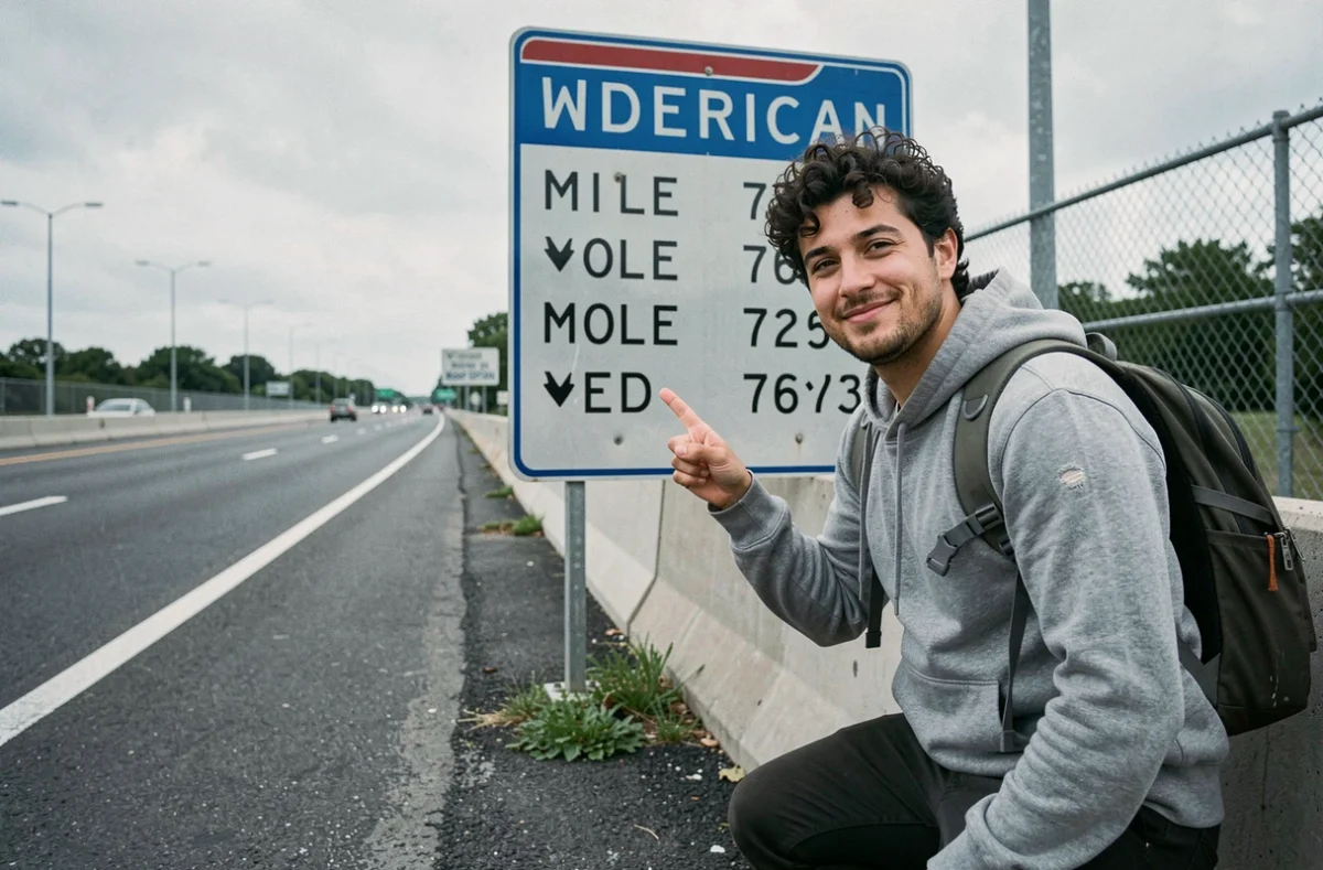 Voyageur pointant un panneau autoroutier américain indiquant des distances en miles