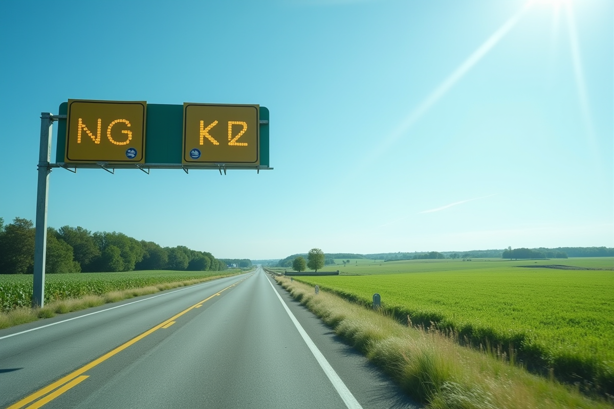 Panneau routier rural indiquant miles et kilomètres sous un ciel bleu