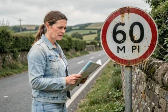 Femme lisant un panneau de limitation de vitesse en miles sur une route de campagne en Angleterre