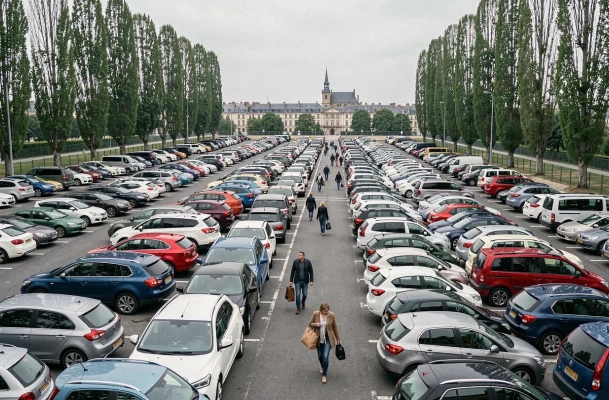 Parking municipal bondé à Versailles lors d'une journée touristique chargée, voitures serrées sur un grand parking extérieur