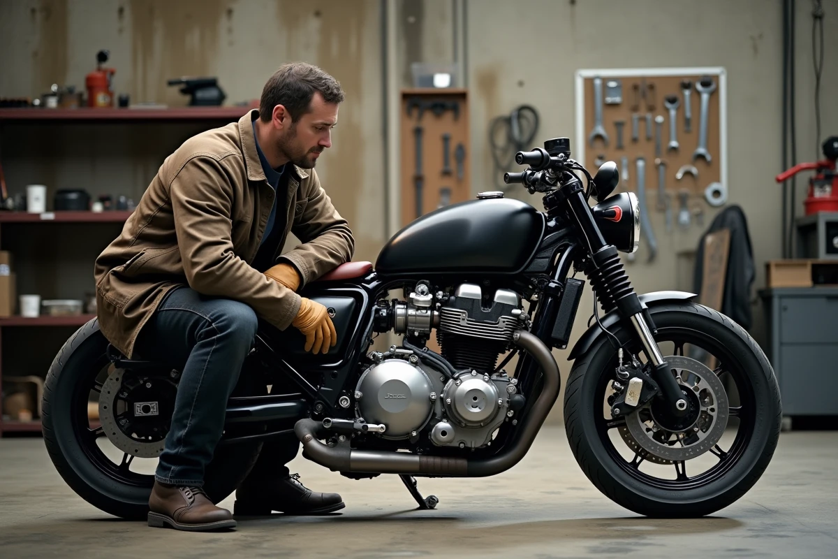 Passionné de moto inspectant le moteur d'un streetfighter dans un atelier urbain, ambiance mécanique authentique