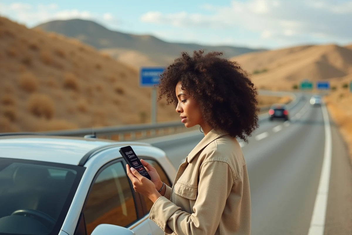 Femme consultant le site DGT sur smartphone au bord d'une autoroute espagnole pour payer une amende