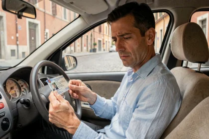 Homme consultant son permis de conduire dans une voiture en Italie