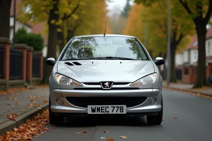 Peugeot 206 hatchback grise garée dans une rue résidentielle en automne, vue 3/4 avant