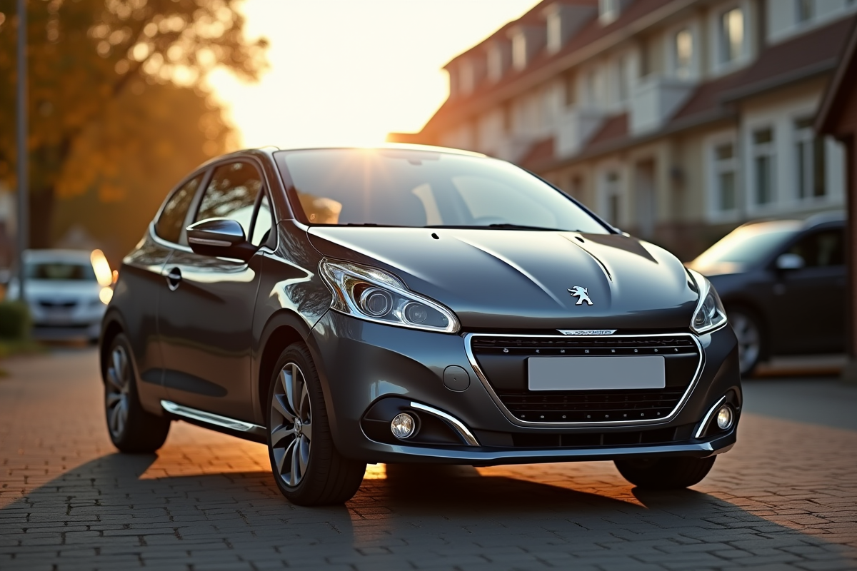 Voiture Peugeot 208 stationnée dans une rue résidentielle au matin